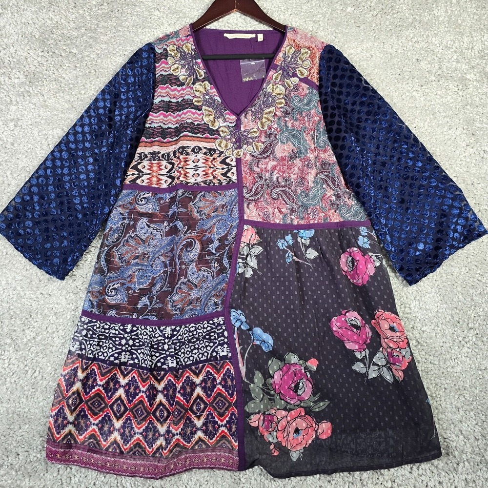 Soft Surroundings Womens Patchwork Tunic Top Size Medium Beaded Mixed Media Boho